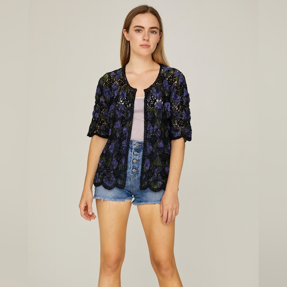 Hand made Knit‎ floral  button down Cardigan Coverup Beach M whimsical Grunge